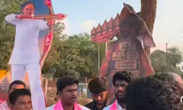 BRS Workers Replace Dussera Cutouts with KCR and Revanth Reddy in Hyderabad